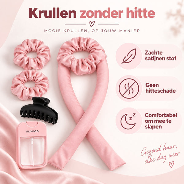 Heatless Curls Set 5-delig – Krullen Zonder Hitte – Satijnen Krulband 98 cm – Inclusief 2 Scrunchies, Haarklem & Sprayfles – Roze