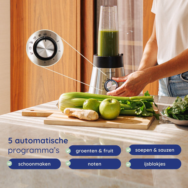 Safecourt Kitchen Power blender - 5 automatische programma's - Smoothie maker - +2 to go cups - RVS