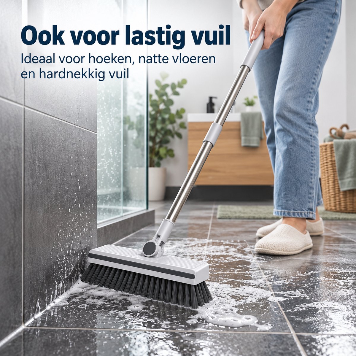Bezem en Stoffer en Blik met Lange Steel – 4-in-1 Schoonmaakset – Staand Stofblik met Schoonmaaktanden – Vloerborstel met 180° Draaibare Kop – Compact Opbergbaar – Grijs