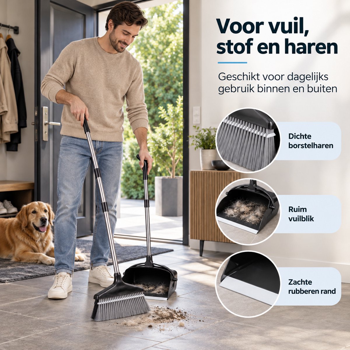 Bezem met Stofblik en Lange Steel – Bezem en Blik Set – Telescopisch & Zelfreinigend – Staande Stoffer en Blik – Voor Haren, Stof en Kruimels – Zwart