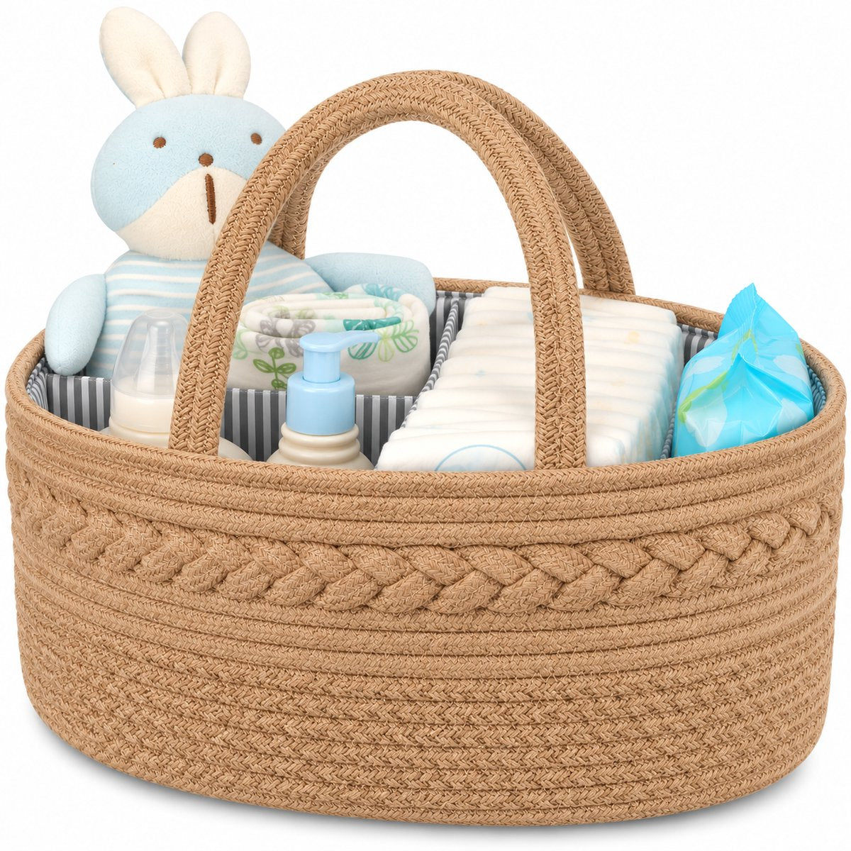 Luiermand voor Commode – Baby Organizer met Uitneembare Vakken – Commodemandje met Handvatten – 36 x 22 x 18 cm – Opbergmand voor Luiers, Doekjes & Babyverzorging – Bruin