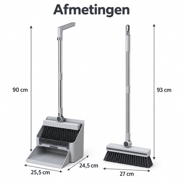 Bezem en Stoffer en Blik met Lange Steel – 4-in-1 Schoonmaakset – Staand Stofblik met Schoonmaaktanden – Vloerborstel met 180° Draaibare Kop – Compact Opbergbaar – Grijs