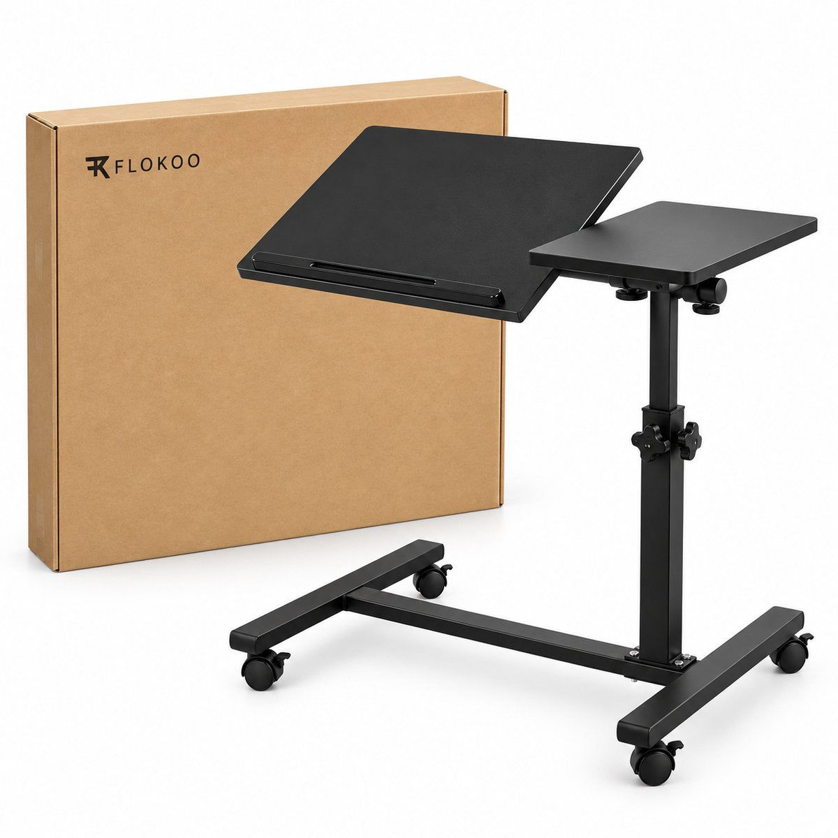 Laptoptafel Verrijdbaar – In Hoogte Verstelbare Laptopstandaard – Kantelbaar Werkblad met Zijtafel – Mobiele Bedtafel op Wielen – 57 cm – Zwart