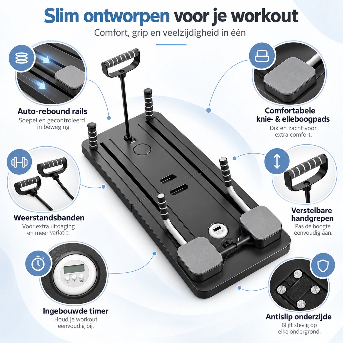 Pilates - Multifunctioneel Fitness Board – Opvouwbaar Trainingsapparaat voor Thuis – Full Body Workout – Buikspiertrainer met Weerstandsbanden – Core, Armen & Benen – Fitnessapparaat Home Gym