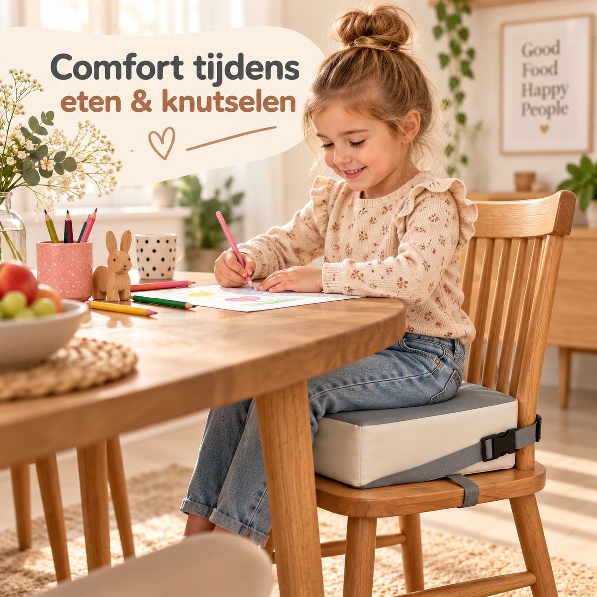 Stoelverhoger Kind – Zitverhoger voor Eetkamerstoel – 32 x 32 x 8 cm – Booster Seat met Verstelbare Riemen – Afneembare Hoes – Zitkussen voor aan Tafel