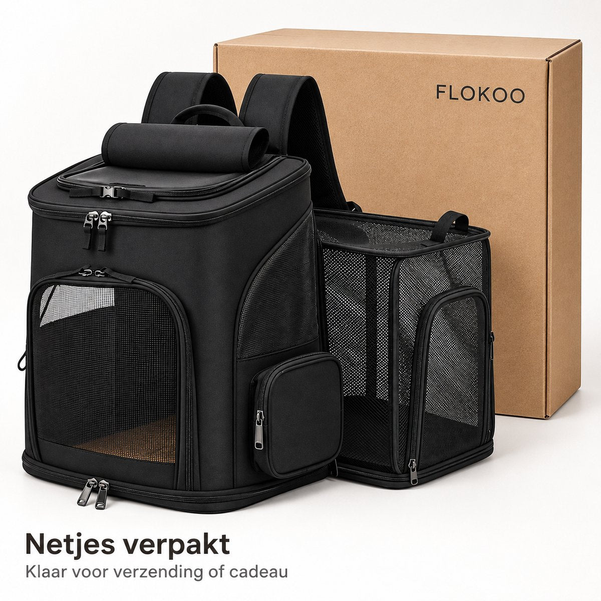 Dierenrugzak voor Kat & Kleine Hond – Uitklapbare Kattenrugzak – Reistas tot 10 kg – Ademend Mesh – 33 x 26 x 40 cm – Transporttas voor Katten en Honden – Zwar