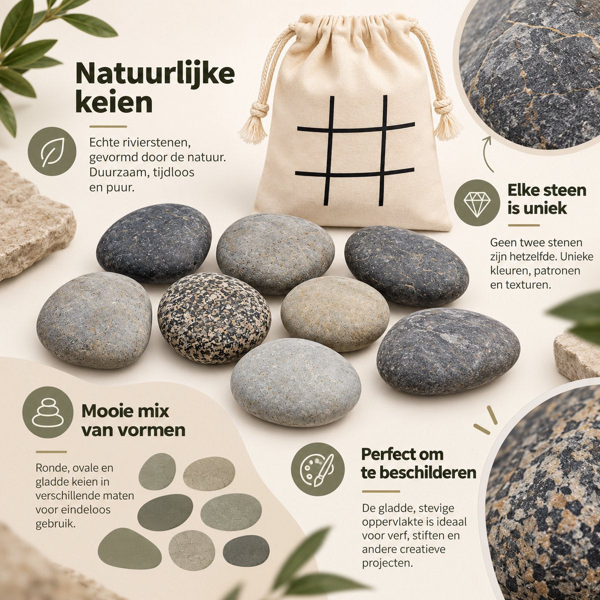Schilderstenen 10 Stuks – Natuurlijke Keien om te Beschilderen – 7 tot 12 cm – Stenen voor Knutselen & Decoreren – Inclusief Katoenen Opbergzak - Happy Stones