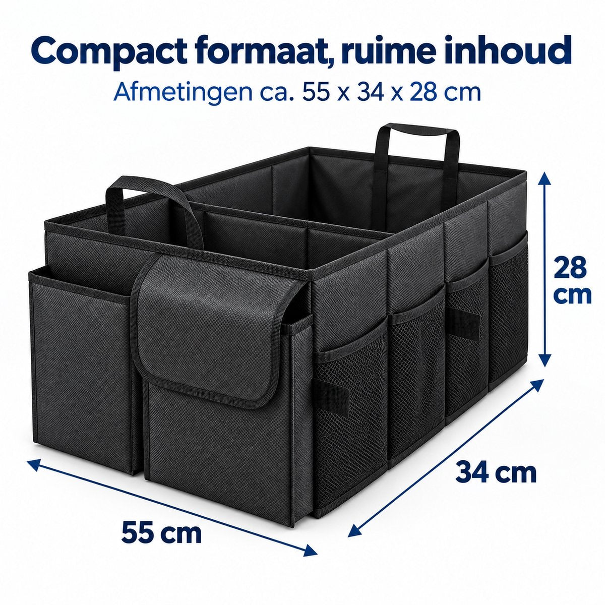 Kofferbak Organizer – Auto Organizer Opvouwbaar – 55 x 34 x 28 cm – Met Meerdere Vakken, Zijvakken & Handvatten – Boodschappenkrat voor Auto – Zwart