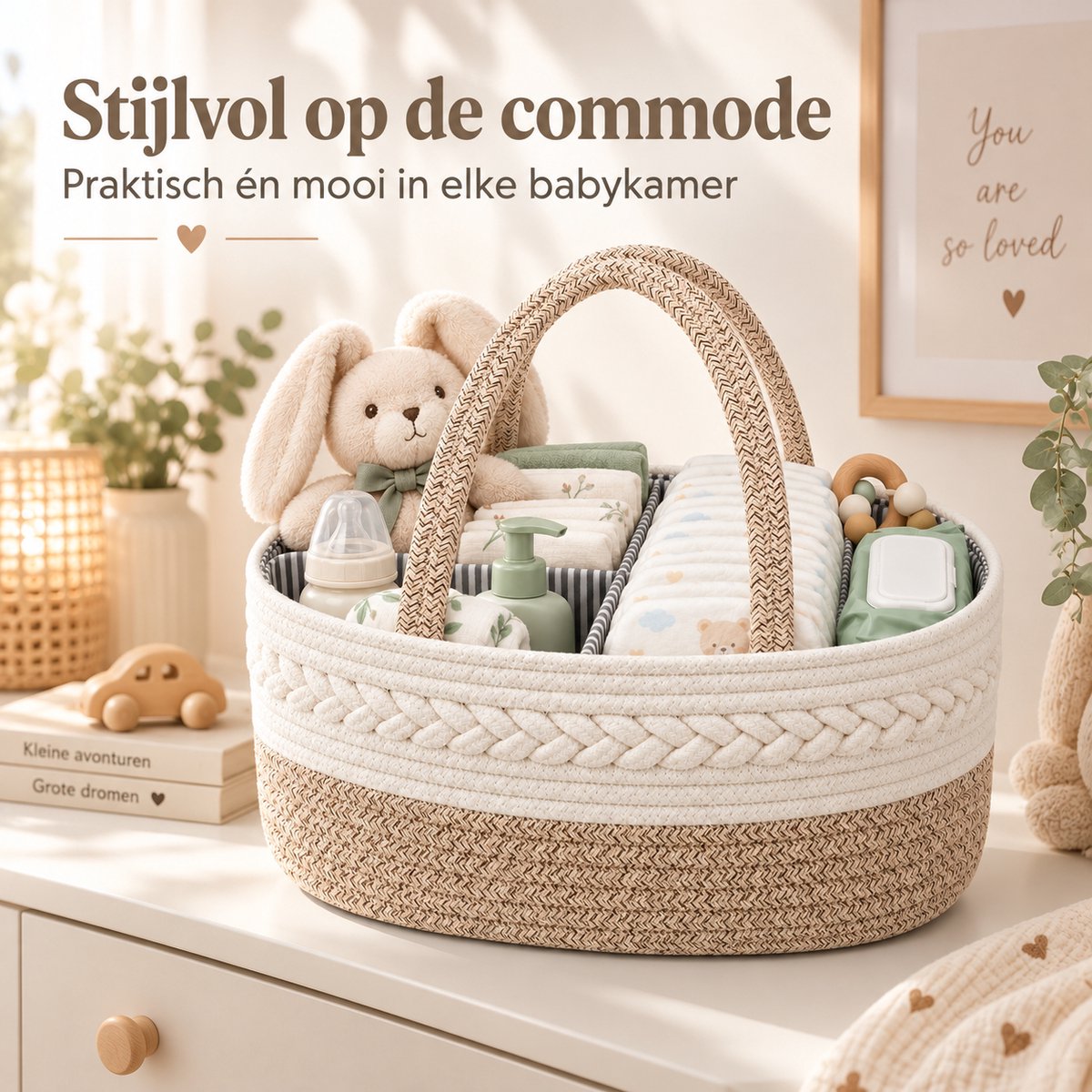 Luiermand voor Commode – Baby Organizer met Uitneembare Vakken – Commodemandje met Handvatten – 36 x 22 x 18 cm – Opbergmand voor Luiers, Doekjes & Babyverzorging – Beige