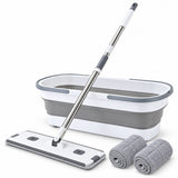 Dweilset met Emmer – Vlakmop met Opvouwbare Emmer – 360° Draaibare Mop – Telescopische Steel 127 cm – Inclusief 2 Microvezeldoeken – Wit-Grijs - Dwijl