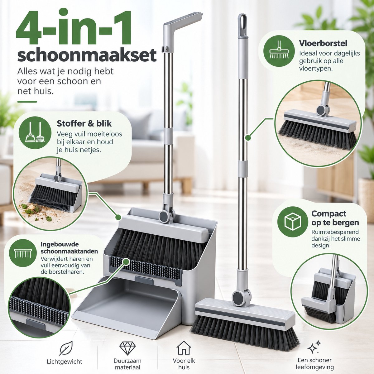 Bezem en Stoffer en Blik met Lange Steel – 4-in-1 Schoonmaakset – Staand Stofblik met Schoonmaaktanden – Vloerborstel met 180° Draaibare Kop – Compact Opbergbaar – Grijs