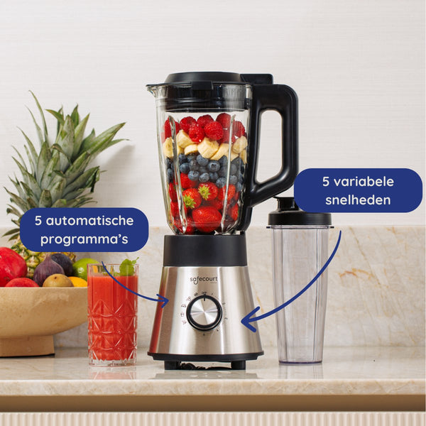Safecourt Kitchen Power blender - 5 automatische programma's - Smoothie maker - +2 to go cups - RVS