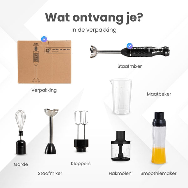 GoodForce RVS Staafmixer - 6 in 1 Staafmixer Set met Hakmolen - Smoothiemaker- Garde - Klopper - 600 ml Mengbeker