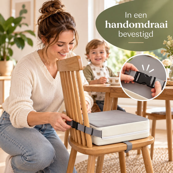 Stoelverhoger Kind – Zitverhoger voor Eetkamerstoel – 32 x 32 x 8 cm – Booster Seat met Verstelbare Riemen – Afneembare Hoes – Zitkussen voor aan Tafel
