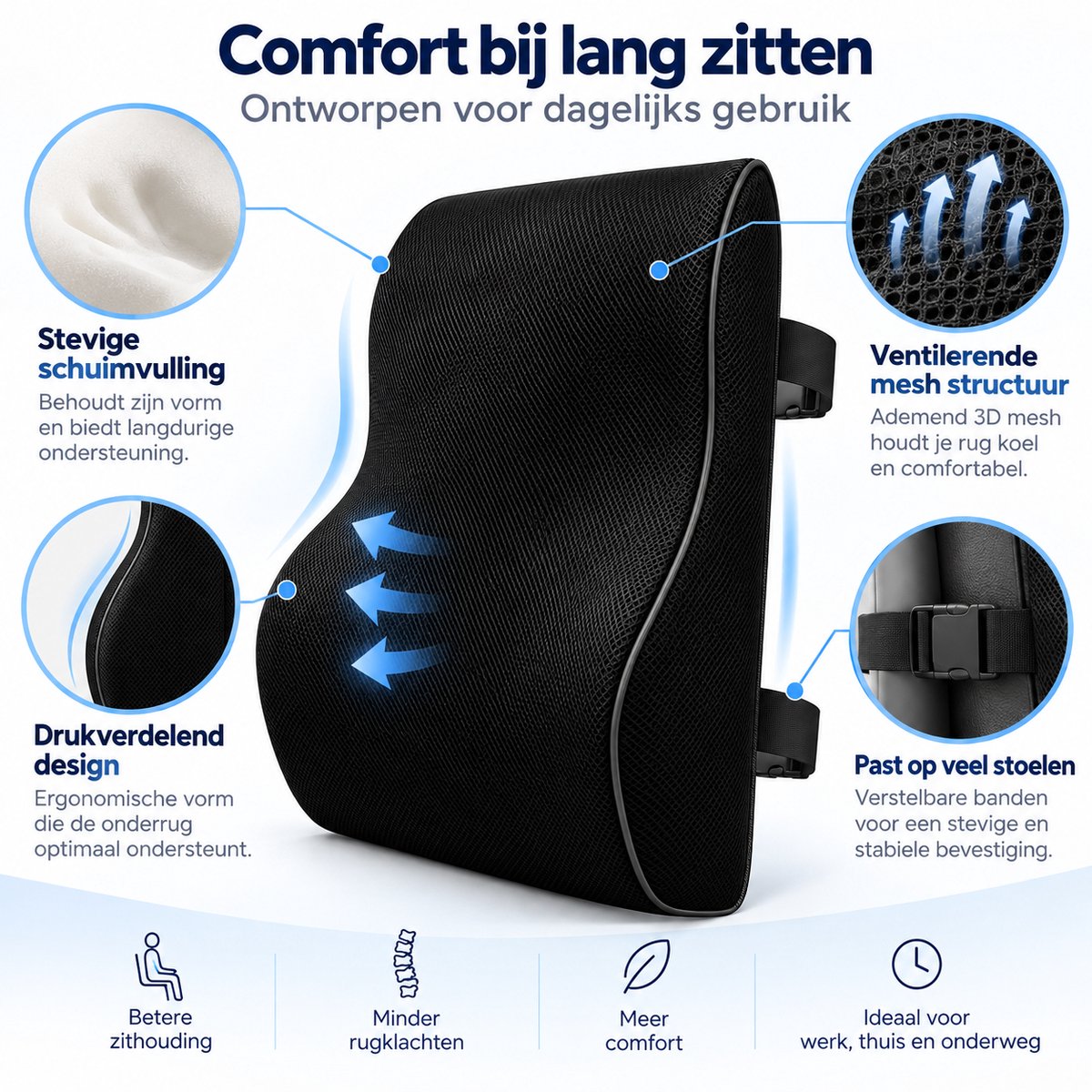 Lendensteun voor Bureaustoel & Auto – Rugkussen – Rugsteun met Memory Foam – Ademend Mesh – Verstelbare Banden – Voor Kantoor, Thuis & Autostoel – Zwart