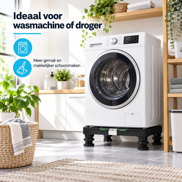 Wasmachine Verhoger Verstelbaar – Wasmachine Onderstel 40-65 cm – Hoogte 10-13 cm – Draagkracht 200 kg – Met Waterpas & Antislip – Voor Wasmachine, Droger en Koelkast