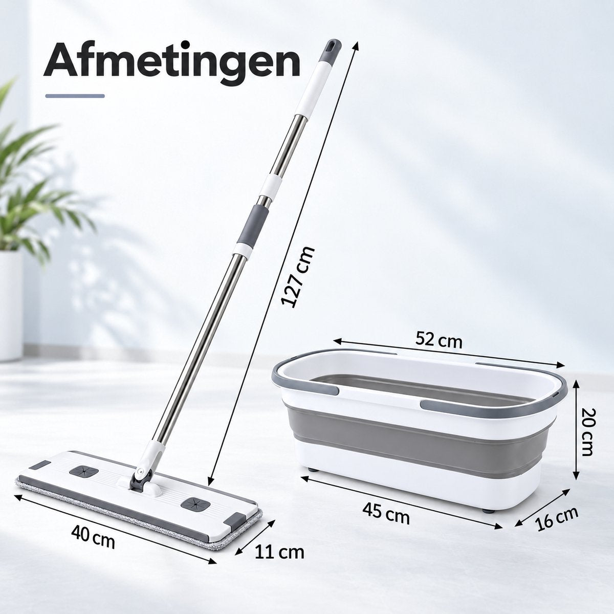 Dweilset met Emmer – Vlakmop met Opvouwbare Emmer – 360° Draaibare Mop – Telescopische Steel 127 cm – Inclusief 2 Microvezeldoeken – Wit-Grijs - Dwijl