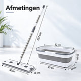 Dweilset met Emmer – Vlakmop met Opvouwbare Emmer – 360° Draaibare Mop – Telescopische Steel 127 cm – Inclusief 2 Microvezeldoeken – Wit-Grijs - Dwijl