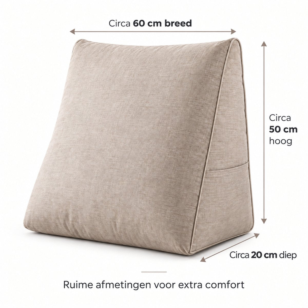 Leeskussen voor Bed & Bank – Rugsteunkussen 60 x 50 x 20 cm – Groot Zitkussen met Rugsteun – Afneembare Hoes & Zijvak – Beige - Book seat