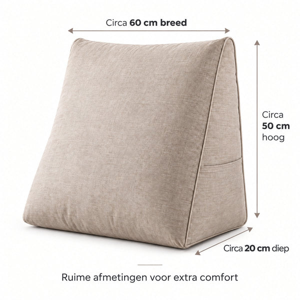 Leeskussen voor Bed & Bank – Rugsteunkussen 60 x 50 x 20 cm – Groot Zitkussen met Rugsteun – Afneembare Hoes & Zijvak – Beige - Book seat