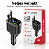 5-in-1 Autolader – USB-C & Lightning Kabel Ingebouwd – 2x USB-C + USB-A – 12V-24V – Digitale Spanningsmeter – Autolader voor Telefoon & Tablet