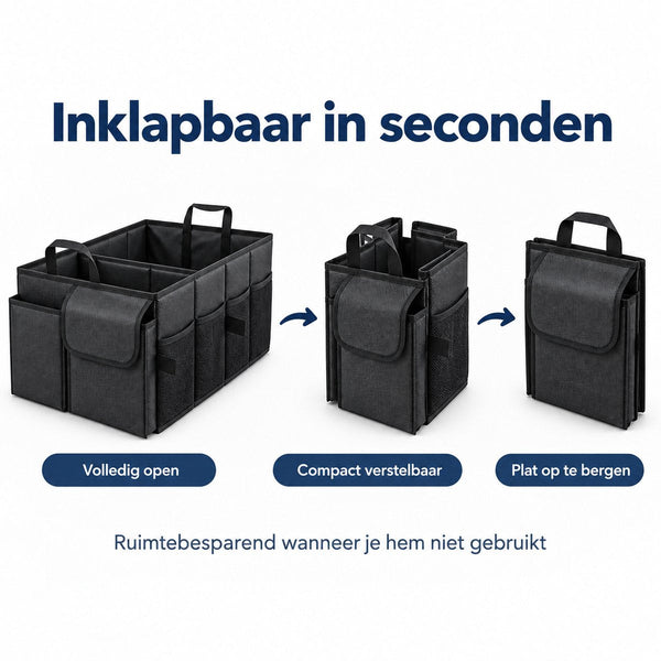 Kofferbak Organizer – Auto Organizer Opvouwbaar – 55 x 34 x 28 cm – Met Meerdere Vakken, Zijvakken & Handvatten – Boodschappenkrat voor Auto – Zwart
