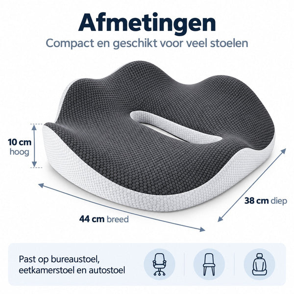 Ergonomisch Zitkussen met Traagschuim – Stoelkussen met Uitsparing – Voor Bureaustoel, Auto & Eetkamerstoel – 44 x 38 x 10 cm – Grijs-Wit