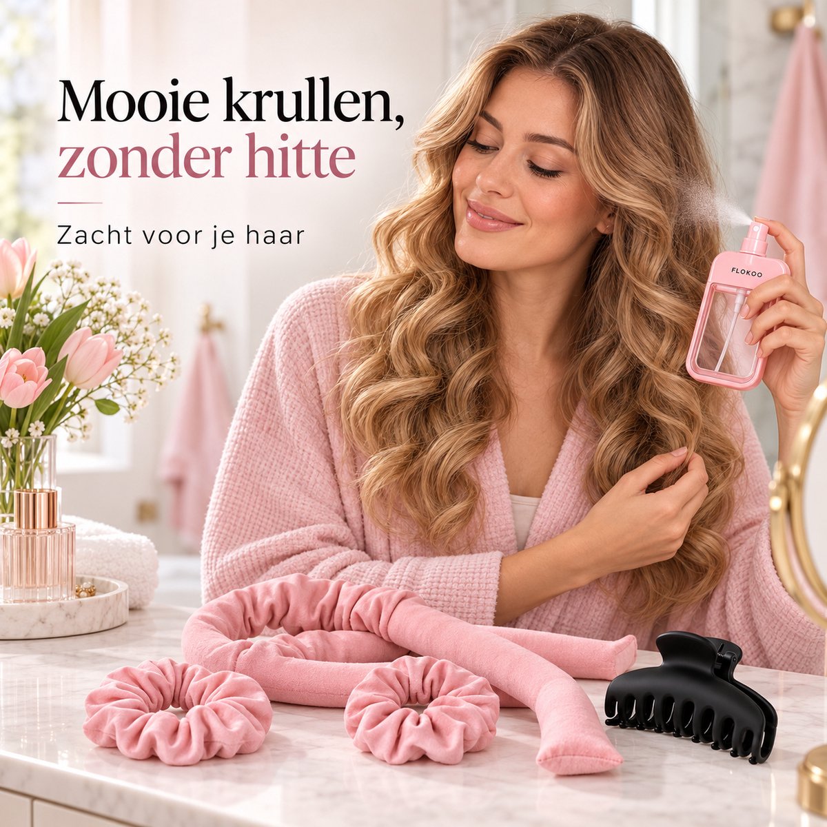 Heatless Curls Set 5-delig – Krullen Zonder Hitte – Satijnen Krulband 98 cm – Inclusief 2 Scrunchies, Haarklem & Sprayfles – Roze