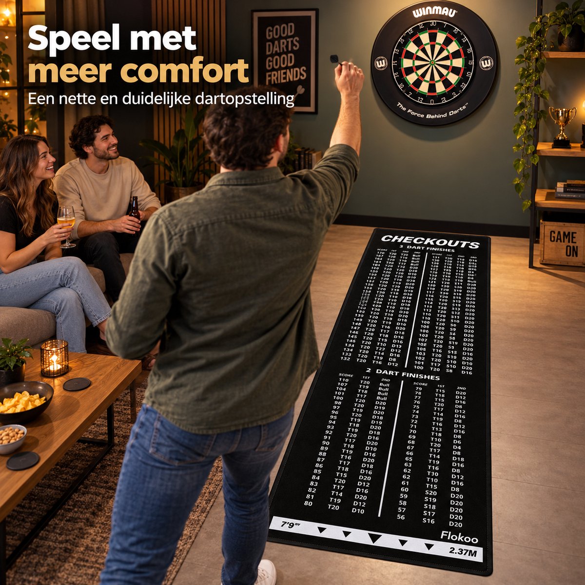 Dartmat met Oche & Checkout Tabel – 237 x 57 cm – Dartmat met Werplijn 2,37 m – 2 & 3 Dart Finishes – Antislip Dartmat – Zwart