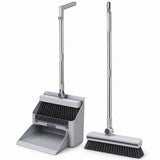 Bezem en Stoffer en Blik met Lange Steel – 4-in-1 Schoonmaakset – Staand Stofblik met Schoonmaaktanden – Vloerborstel met 180° Draaibare Kop – Compact Opbergbaar – Grijs