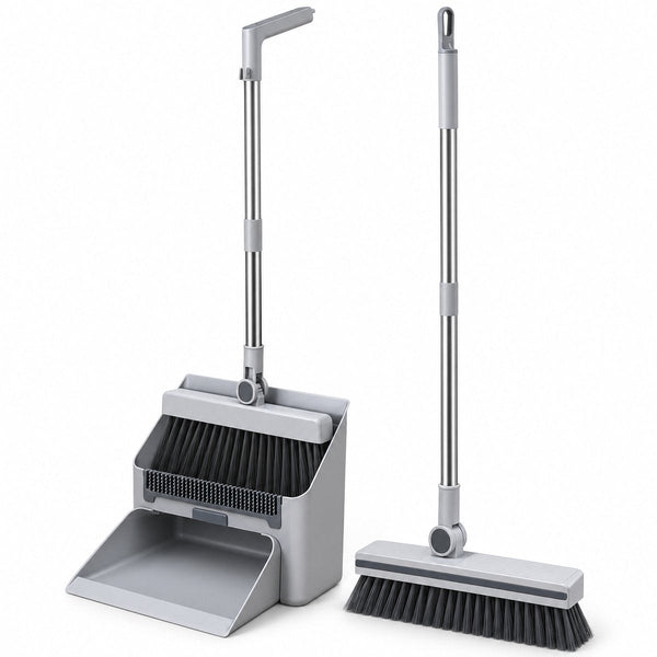 Bezem en Stoffer en Blik met Lange Steel – 4-in-1 Schoonmaakset – Staand Stofblik met Schoonmaaktanden – Vloerborstel met 180° Draaibare Kop – Compact Opbergbaar – Grijs