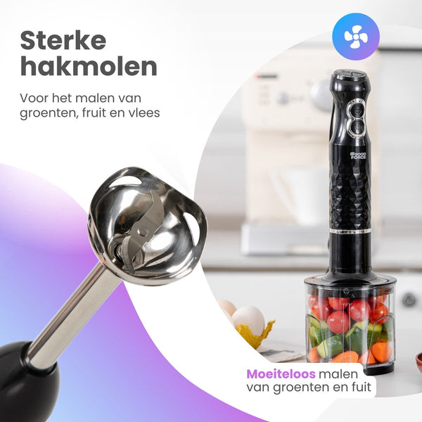 GoodForce RVS Staafmixer - 6 in 1 Staafmixer Set met Hakmolen - Smoothiemaker- Garde - Klopper - 600 ml Mengbeker