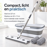 Dweilset met Emmer – Vlakmop met Opvouwbare Emmer – 360° Draaibare Mop – Telescopische Steel 127 cm – Inclusief 2 Microvezeldoeken – Wit-Grijs - Dwijl