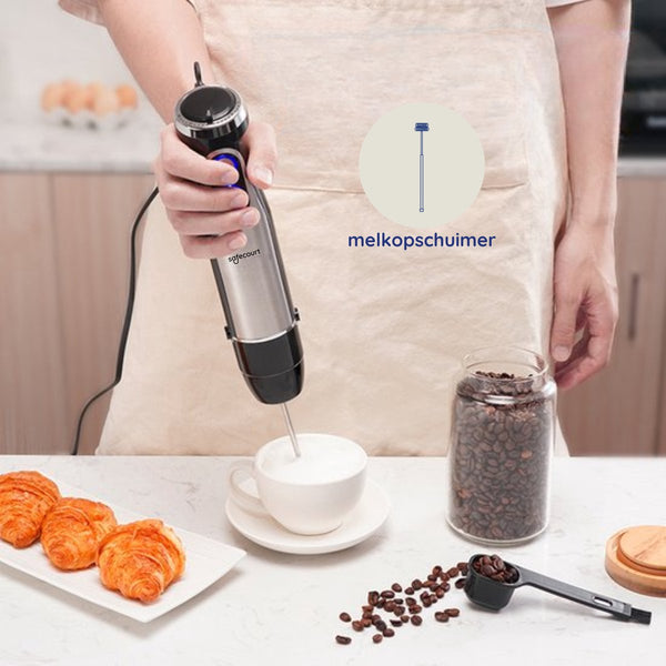 Safecourt Kitchen 6-delige Staafmixer Set - 1000 Watt - Hakmolen - 20 Snelheden - Inclusief Melkopschuimer & Maatbeker