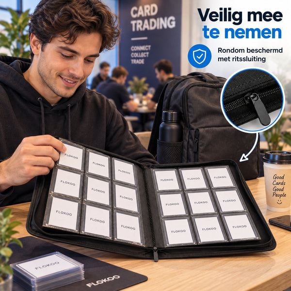 Toploader Binder – Verzamelmap voor 288 Trading Cards – 9 Vaks Kaartenmap – Geschikt voor Toploaders – Met Ritssluiting – Zwart
