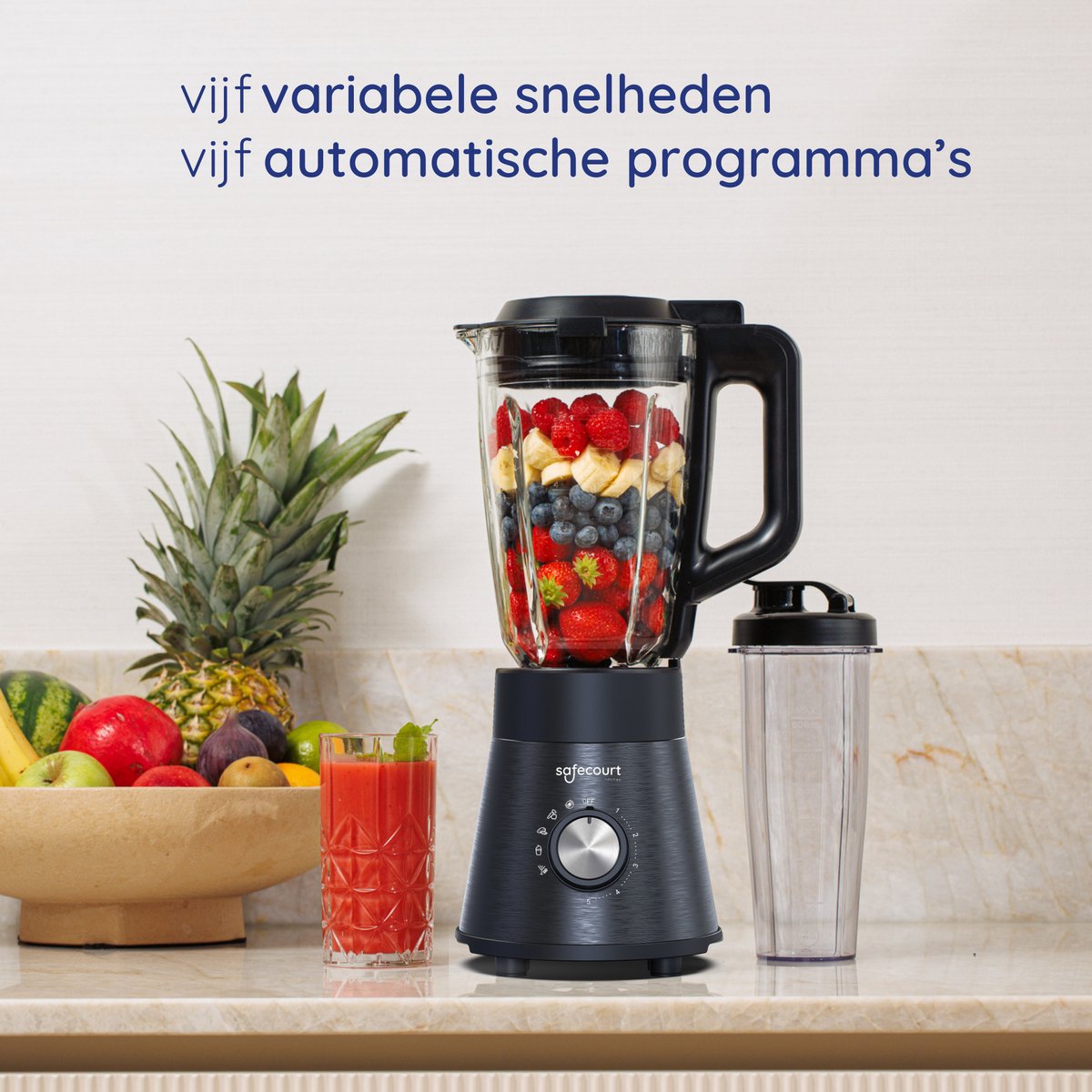 Safecourt Kitchen Power blender - 5 automatische programma's - Smoothie maker - 1300 Watt - Zwart