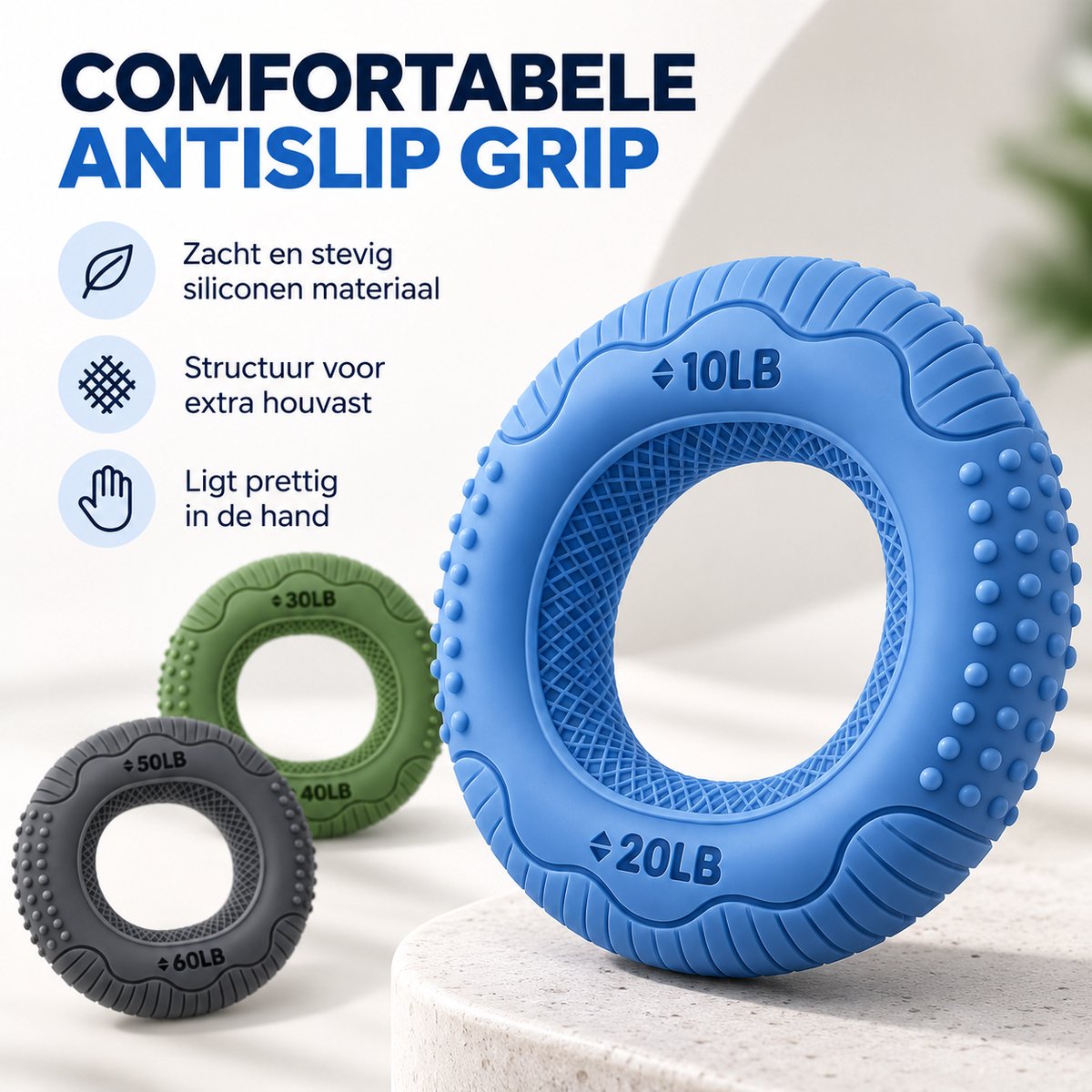 Handknijper Set van 3 – Grip Trainer met 6 Weerstanden – 10 t-m 60 LB – Handtrainer voor Grip, Handen, Polsen & Onderarmen – Siliconen - Stressbal