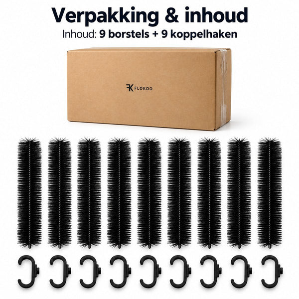 Marterborstel & Dakgootborstel 9 Meter – Marterwering voor Dak en Dakgoot – Bladvanger – 9x 100 cm – Ø 9 cm – Inclusief Koppelhaken – Zwart