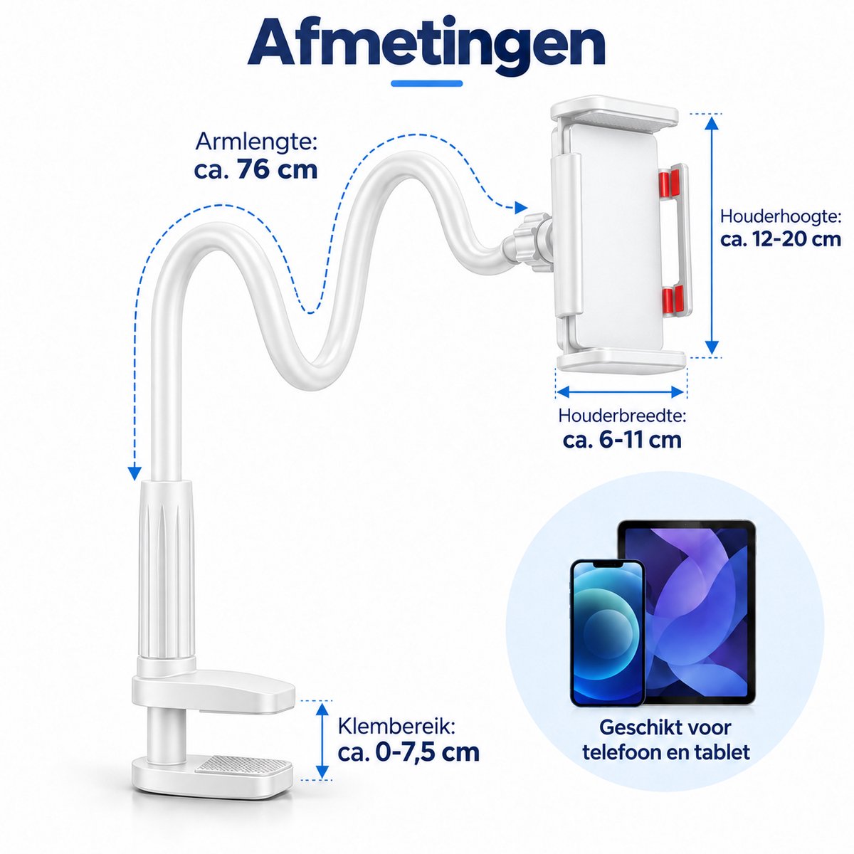 Telefoonhouder Bureau met Flexibele Arm – Telefoon- & Tablethouder met Tafelklem – 76 cm Verstelbare Arm – Voor Bed, Bureau & Tafel – Wit