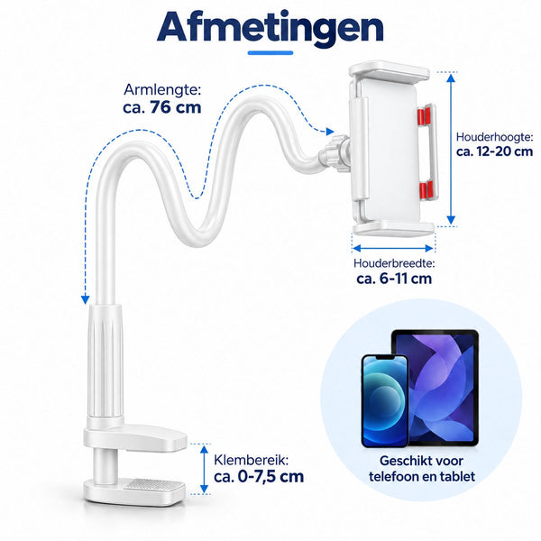 Telefoonhouder Bureau met Flexibele Arm – Telefoon- & Tablethouder met Tafelklem – 76 cm Verstelbare Arm – Voor Bed, Bureau & Tafel – Wit