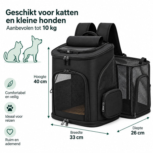 Dierenrugzak voor Kat & Kleine Hond – Uitklapbare Kattenrugzak – Reistas tot 10 kg – Ademend Mesh – 33 x 26 x 40 cm – Transporttas voor Katten en Honden – Zwar
