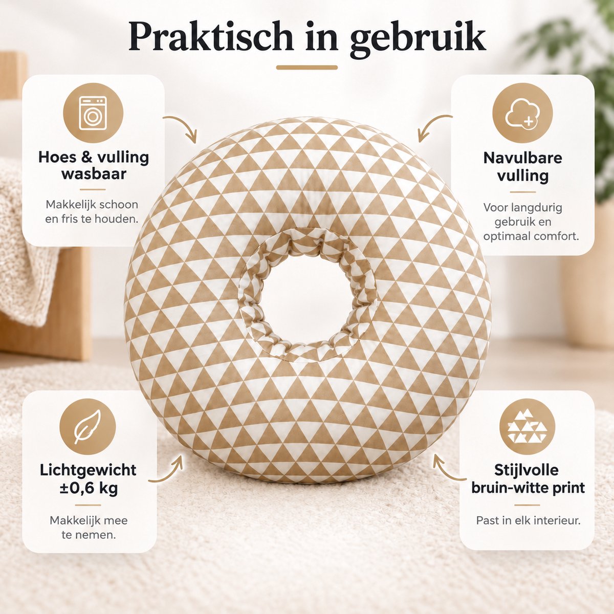 Oorkussen met Uitsparing – Donut Kussen voor Oor & Hoofd – Slaapkussen voor Zijslapers – Zachte Polyester Vulling – Wasbaar – 30 × 30 cm – Beige-Wit