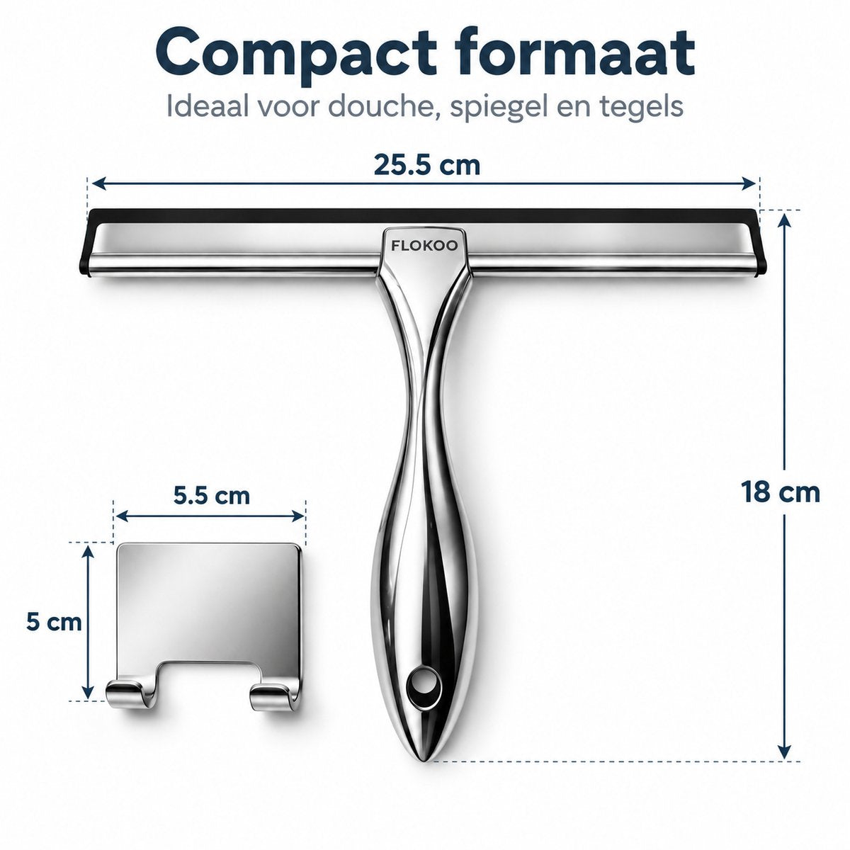 Douchewisser RVS – Raamwisser voor Douche, Glas & Tegels – 25,5 cm Brede Wisser – Inclusief Zelfklevende Ophanghaak – Zilver
