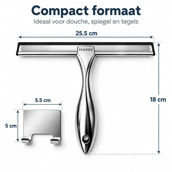 Douchewisser RVS – Raamwisser voor Douche, Glas & Tegels – 25,5 cm Brede Wisser – Inclusief Zelfklevende Ophanghaak – Zilver