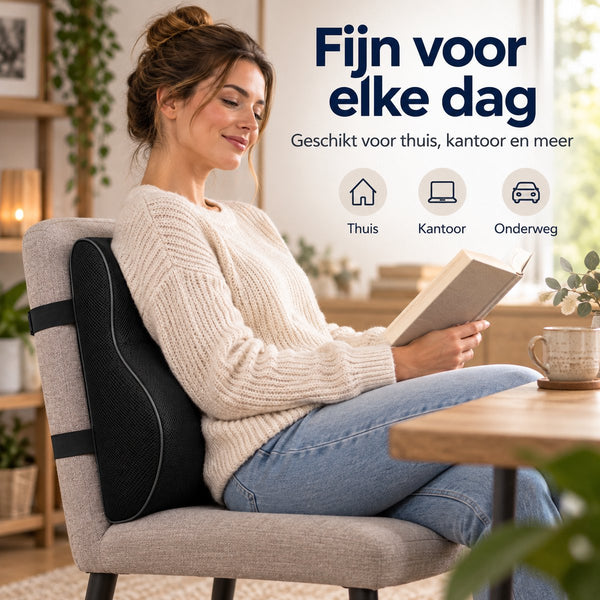 Lendensteun voor Bureaustoel & Auto – Rugkussen – Rugsteun met Memory Foam – Ademend Mesh – Verstelbare Banden – Voor Kantoor, Thuis & Autostoel – Zwart
