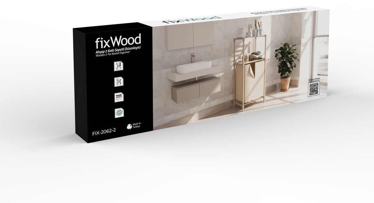 FixWood Houten Wasmand met Opbergplanken – Opbergrek met 2 Niveaus – Badkamer & Slaapkamer – Stijlvol & Stevig – Naturel
