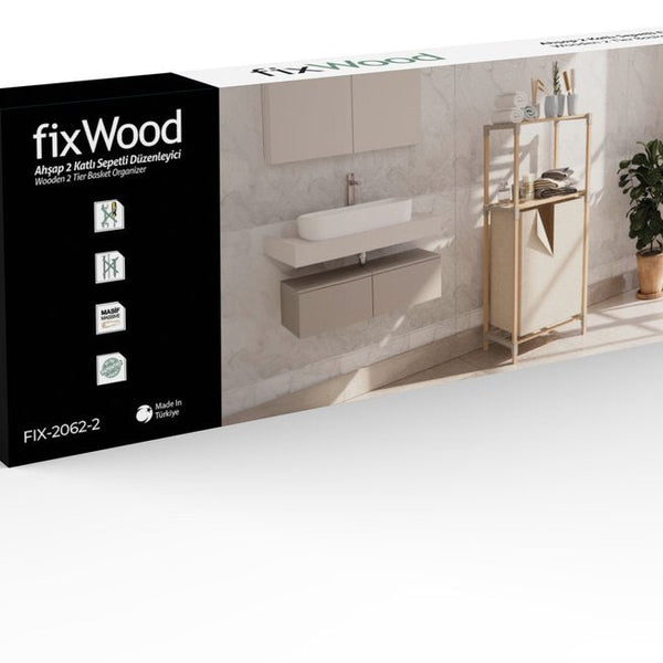 FixWood Houten Wasmand met Opbergplanken – Opbergrek met 2 Niveaus – Badkamer & Slaapkamer – Stijlvol & Stevig – Naturel