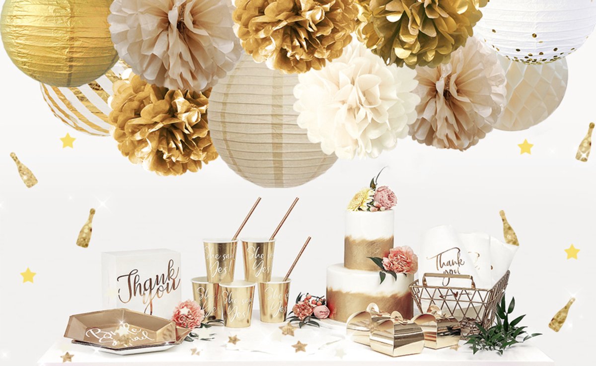 Pompom en Lampionnen Feest Versiering Goud