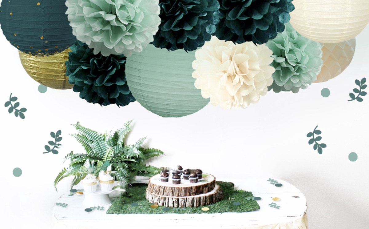Pompom en Lampionnen Feest Versiering Groen