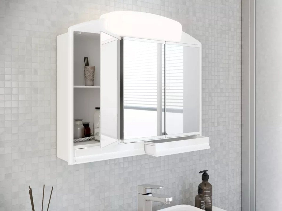 Luxe spiegelkast wit met verlichting en stopcontact 3 deuren 2 laden Alibert